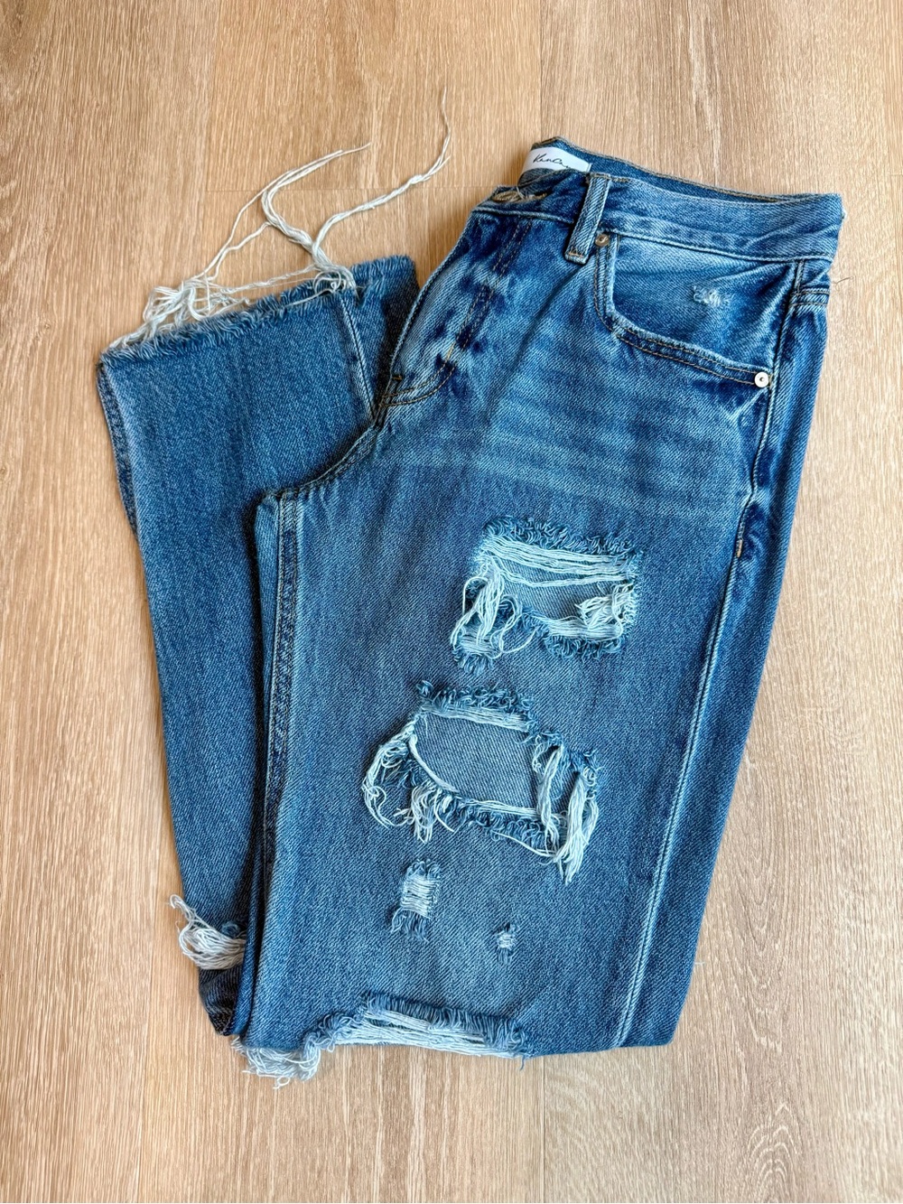 KanCan Distressed Straight Leg Jeans in Medium Blue